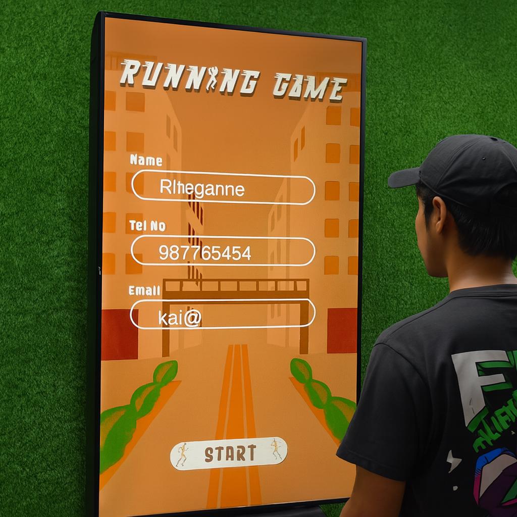 Player enjoying a motion runner game in Dubai, using full-body movement to jump and dodge obstacles. Interactive game rental